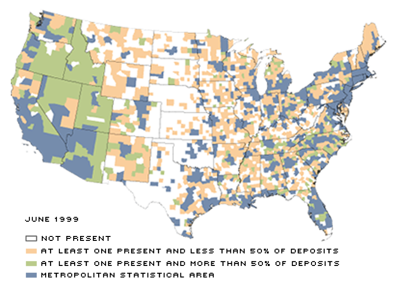 Map showing rural U.S. counties with limited banking access
